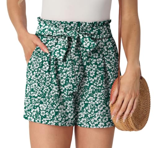 PrinStory Women's Summer Shorts With Pockets Lightweight Wide Leg Ladies Shorts Casual Elastic High Waisted Women's Pants (White Flower Green, L) - Image 2