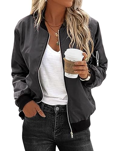 Zeagoo Damen Bomberjacke Langarm Leichte Blouson Motorradjacke Dünne Elegant College Jacke Fliegerjacke mit 2 Taschen Reißverschluss Sportlich Übergangsjacke Dunkelgrau XL