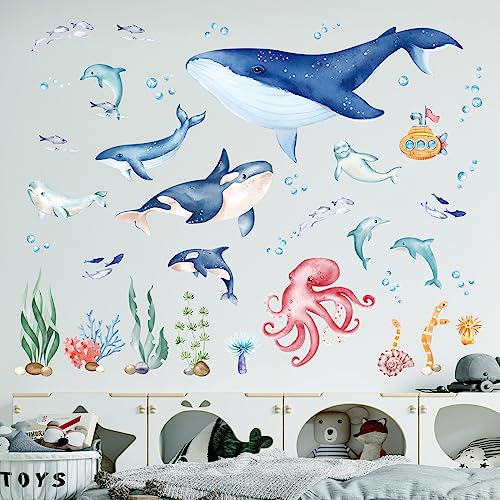 wondever Under The Sea Whale Wall Stickers Ocean Fish Dolphin Peel and Stick Wall Art Decals for Baby Nursery Kids Bedroom Bathroom - Image 2