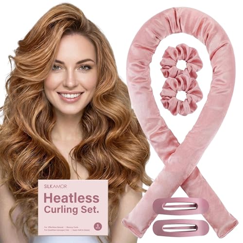 Jumbo Heatless Curlers - SilkAmor Satin Curling Rod Set Extra Large Pink Heatless Curler for Long & Thick Hair Comfortable Overnight Curls Band for Volume Waves 5 Piece Kit With Hair Ties Clips