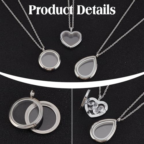 PH PandaHall 3 Styles Locket Pendant Necklace 304 Stainless Steel Memory Floating Charms Round Memory Necklace Teardrop Heart Pendant Buckle Closure for Women Friendship Necklace Memory Nostalgic4
