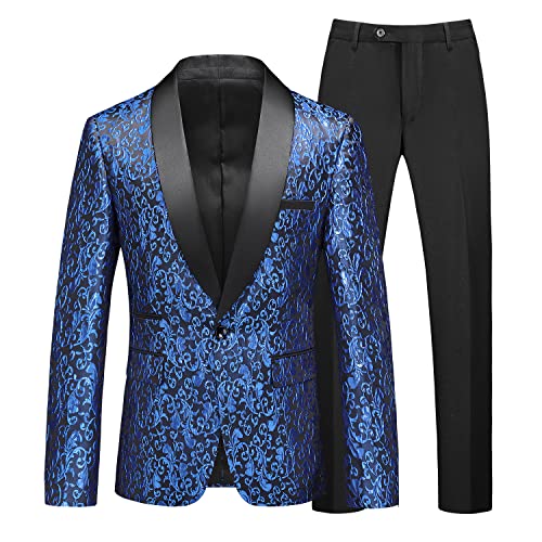 MOGU Mens 2 Piece Paisley Suit Shawl Lapel Tuxedo Slim Fit Vintage Dinner Jacket Pants for Wedding Daily Prom 34 Blue