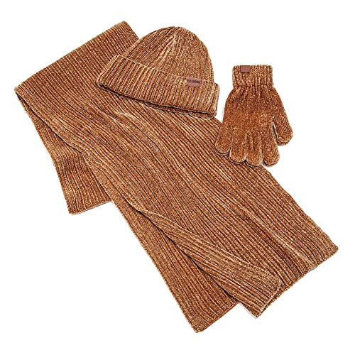 Winter Beanie Hat Scarf Touch Screen Driving Gloves 3 in 1 Set for Men Women Chenille Ribbed Knit Brown