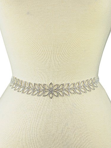 Women's Wedding Leaf Rhinestone Pattern Sash Belt with Mesh Ribbon, Silver-Tone2