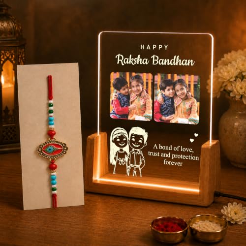 Image of Giftplease Personalized Raksha Bandhan LED Acrylic Photo Frame with Rakhi, Roli Chawal, Greeting Card, Wooden USB Night Lamp, Brother Sister Festival Keepsake, Memory Decor, Home Table Display