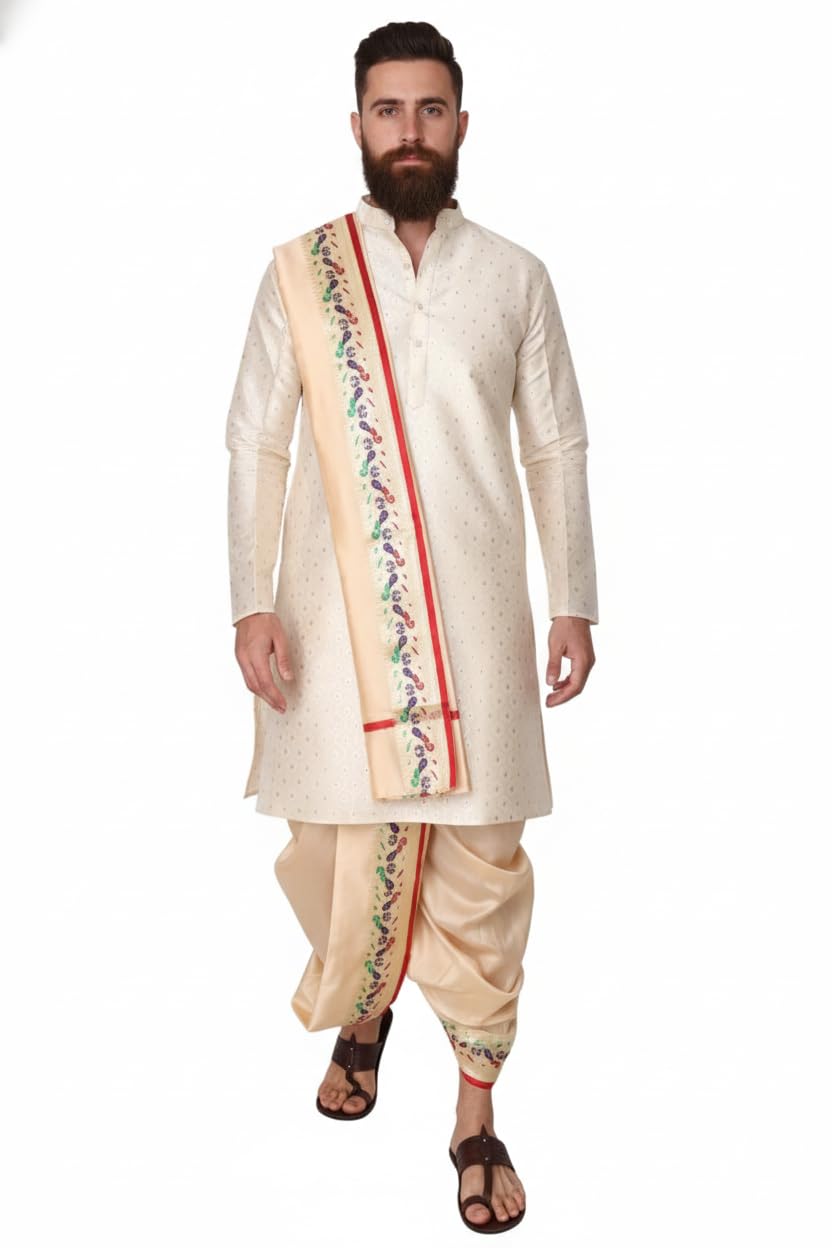 pure prayer Silk Blend Dhoti Kurta Set for Men with Stole | Ready to Wear Traditional Indian Ethnic Wear for Wedding, Pooja & Festivals-picture-32