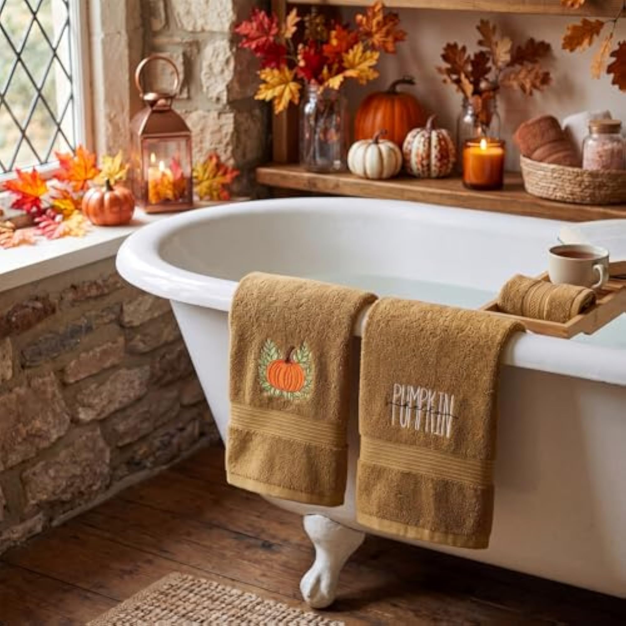 2 Pack Fall Pumpkin Hand Towels, Embroidered Cotton