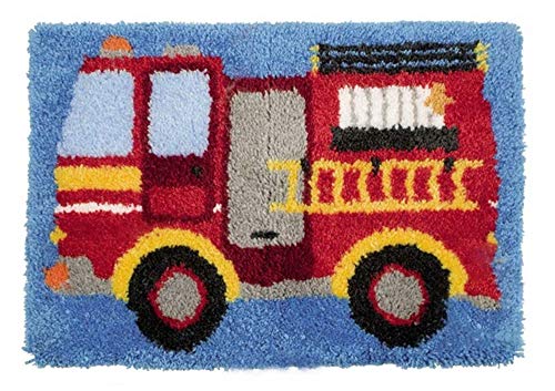 LAPATAIN Latch Hook Kits DIY Crochet Yarn Kits,Fire Truck Carpet Embroidery Hook Rug Kit Needlework Sets Cushion for Kids or Adults Home Decor 20x15inch