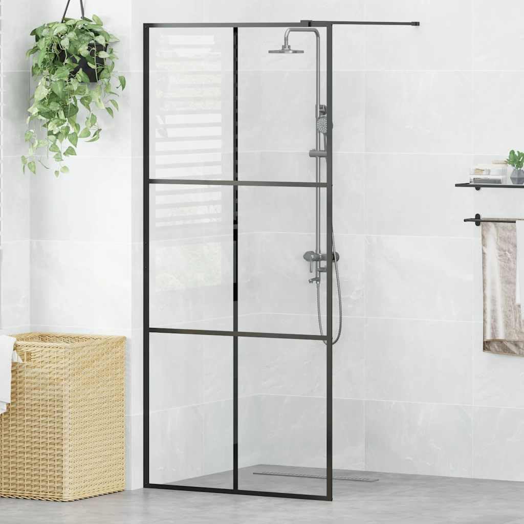 Mampara de ducha de cristal templado transparente de 5 mm con marco de aluminio de 90 x 195 cm para ducha a ras de suelo, incluye perfil ajustable, barra de apoyo y divisor estable como