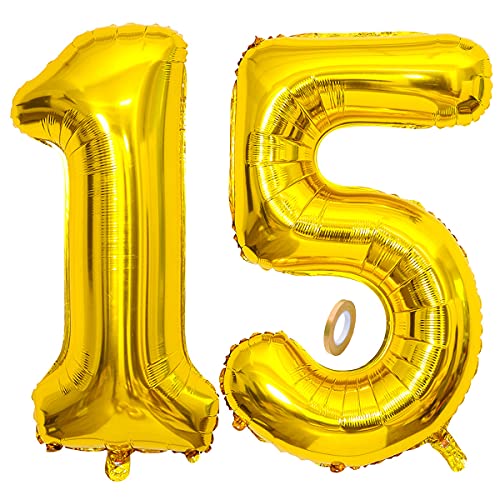 Jrzyhi Globos con número 15 para cumpleaños, globos dorados gigantes, número 15, helio, número 15, número XXL, número 15, globos gigantes para cumpleaños, bodas, fiestas, decoración, 32 pulgadas