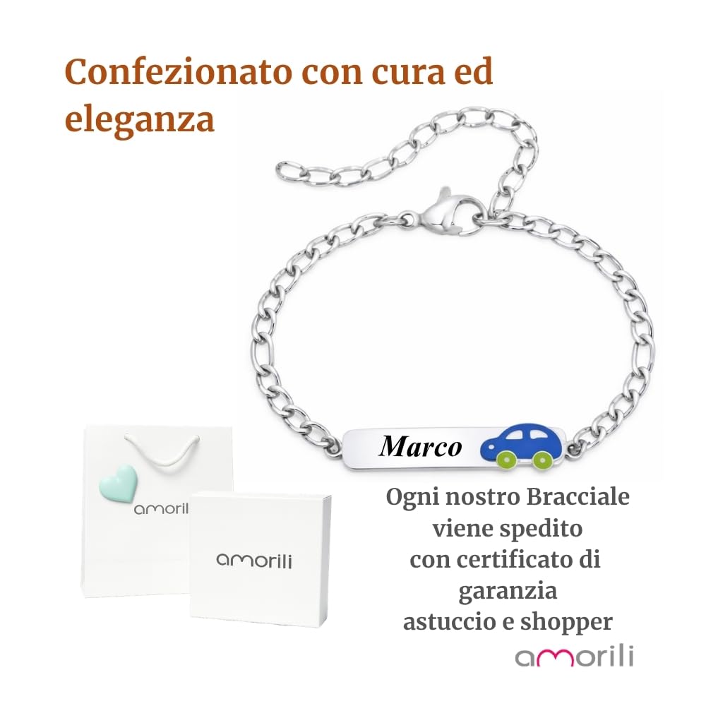Bracciale Bimbo Personalizzato Personalizzabile con Incisione Nome in Acciaio Inox – Ciondolo Auto Macchinina Smaltata – Braccialetto Bambino Regolabile – Idea Regalo bcc1844