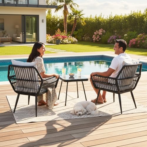 Image of DEVOKO Rope 3-Piece Outdoor Patio Garden Chair Table Bistro Set with Water-Resistant Cushions & HDPE Metal Frame for Balcony, Terrace, Poolside(Black & Grey)