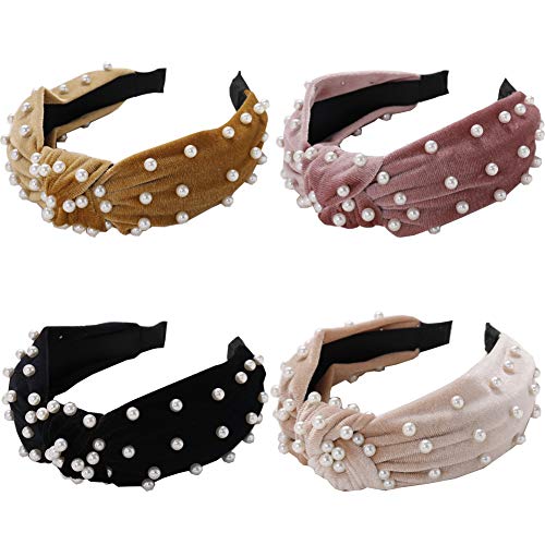Headbands for Women 4 Pack Velvet Wide Headbands Knot Turban Headband Vintage Hairband with Faux Pearl Hair Hoop Headwrap Headwear for Women Girls Hair Accessories