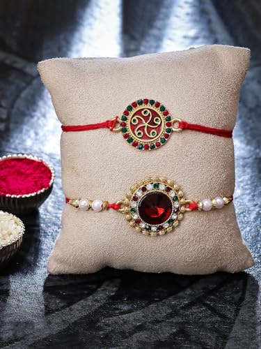 Image of Sukkhi Elegant Kundan Designer Gold Plated Premium Rakhi for Brother, Roli Chawal & Greeting Card | Combo-Set of 2
