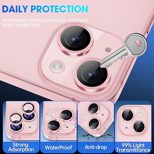 Image of Tempered Glass Camera Lens Protector Compatible For Iphone 15 /15 Plus,Individual Metal Ring 9H Hardness Scratchproof Protector,Stylish Accessories,Case Friendly(Pink)