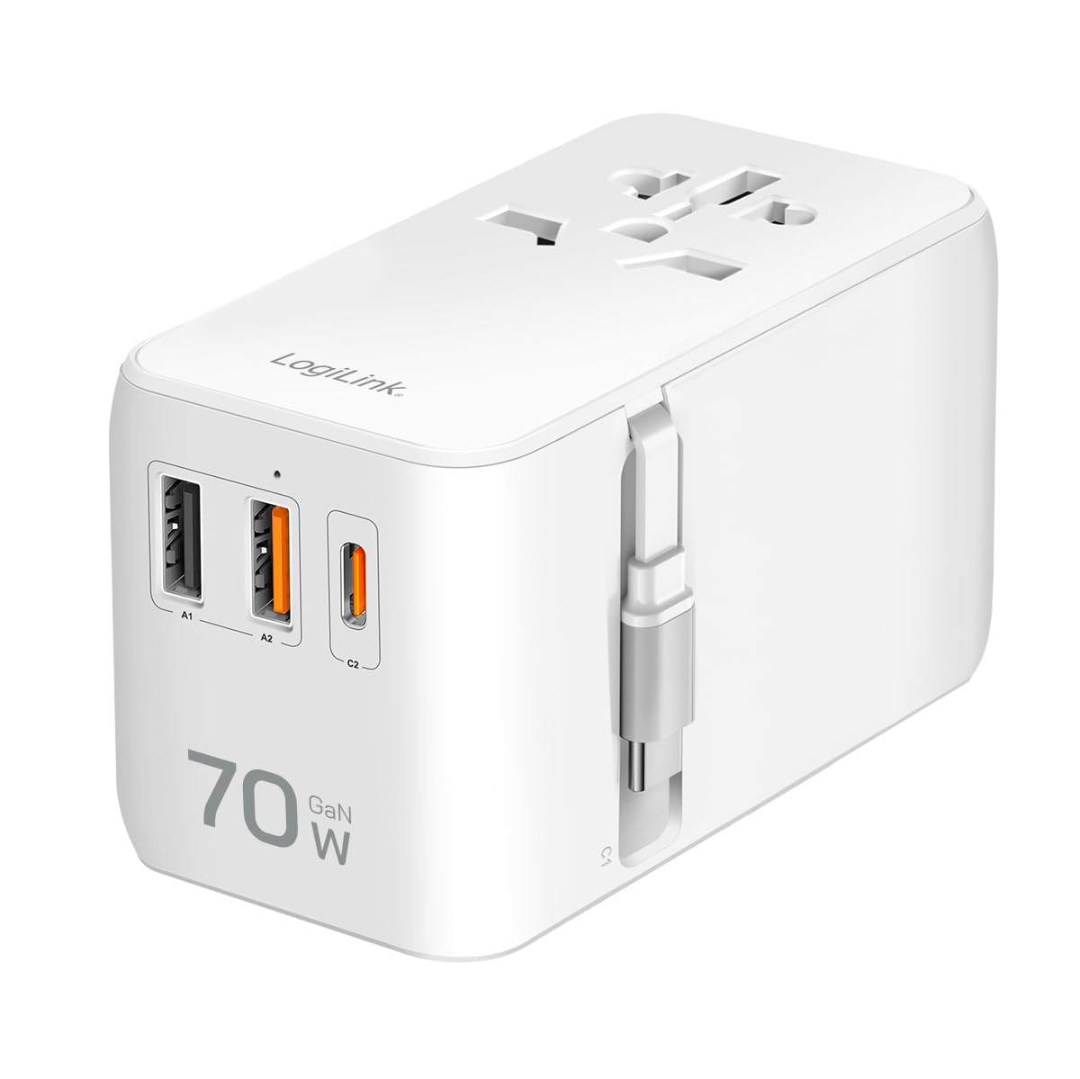 LogiLink PA0357 - Fuente de alimentación Universal de Viaje con 10 Tipos de Enchufe para >200 países, 70 W y PD (PowerDelivery) y QuickCharge, 3 Puertos USB, ignífugo