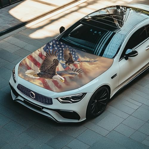 Image of Eagle and American Flag Print Car Hood Cover Scratch Car Protector Waterproof Auto Hood Wrap Blanket Universal Auto Exterior Accessories for Sedan SUV Pickup Truck Jeeps