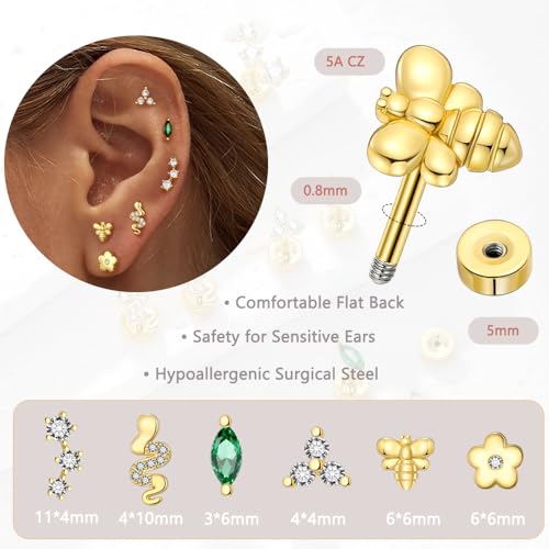 XYJZXY Flat Back Earrings for Women 18k Gold Hypoallergenic Surgical Steel Earrings for Sensitive Ears Bow Heart Bumble Bee Flower Moon Star Snake Helix Cartilage Piercing Jewelry4
