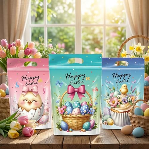 50 Stück Oster-Druckverschlussbeutel, Geschenktüten Ostern mit Griffen, wiederverschließbare Plastik-Bonbonbeutel mit Hasenmotiv für kinder ostern deko (3 Stile)