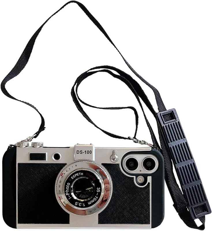 Image of ZS Phone Case for iPhone 17, | Black Camera Case Vintage Cover Cute 3D Cool Unique Design Plastic Case with Removable Neck Strap Lanyard for Girls & Boys, with Free Tempered Glass