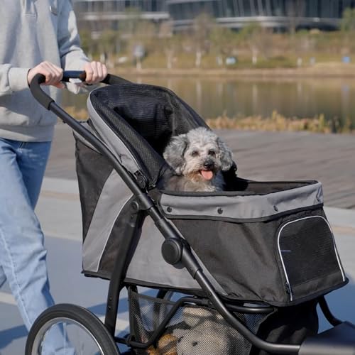 PawHut Hundewagen Hundebuggy klappbar für Hunde & Katzen bis 20 kg Katzenwagen mit geländegängige Gummiräder Kissen Netzfenstern Türen Katzenbuggy mit Aufbewahrungskorb Buggy Grau