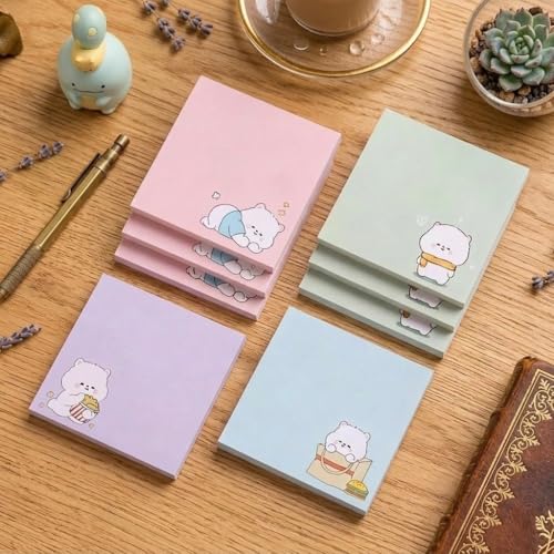 Image of Cute Cartoon Bear Sticky Notes | Pastel Memo Pad Set | Study & Office Use - Pack of 4 | 80 Sheets Per Pack | 3.15x3.15in Self-Stick Note Pads (Bear Sticky Notes)