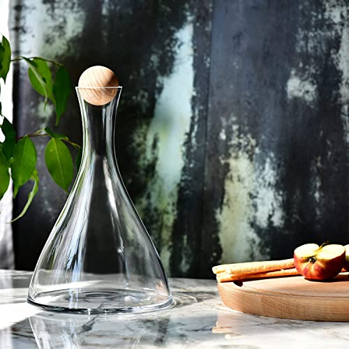 Image of KROSNO Wine Decanter, 33.8 oz, Avant-Garde Collection | Pitcher with Wooden Ball Stopper, Carafe for Wine or Alcohol, Lead-Free Crystal Glass, Wine Dispenser, Glass Wine Bottle