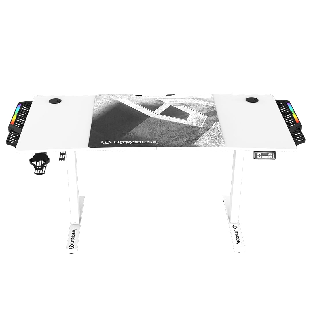 ULTRADESK - Level V2 Höhenverstellbarer Schreibtisch - Elektrischer Computertisch - 140x68 cm, für Gaming, Büro, Homeoffice - Set mit XL-Mauspad, LED RGB - Weiß Led