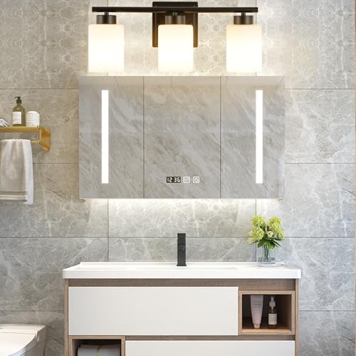 Image of 3 Light Bathroom Light Fixtures, 19.2 Inches Vanity Lights for Mirror, Black Vanity Lighting Fixtures with Milky White Glass Shades