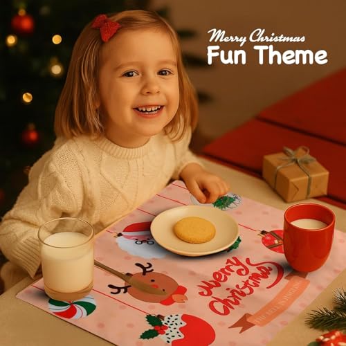 Image of Dining Table Mats Set of 2 - Merry Christmas Theme,Digital Print, Washable, Indoor /Outdoor, Heat-Proof, Water Resistant, Wipe & Clean (47X33 cm) Cream & Red