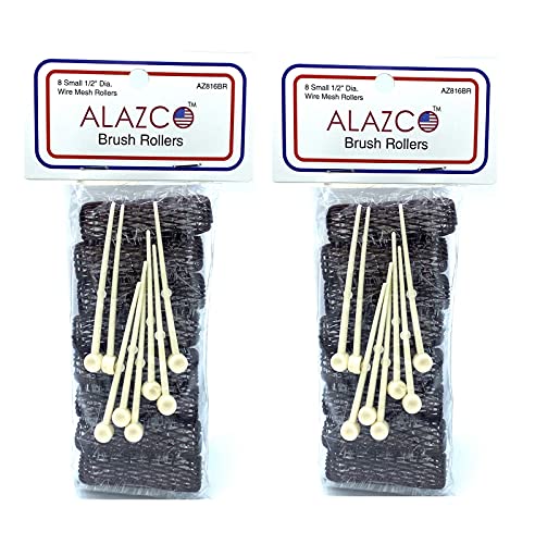 ALAZCO 16 pc Vintage Style Hair Roller MINI Small BRUSH ROLLERS & PINS Mesh Hair Curlers With Bristles 2"x 1/2" with Flexible Locking Pins - Tight Small Curls Short Hair Kids Pageants Doll Hair