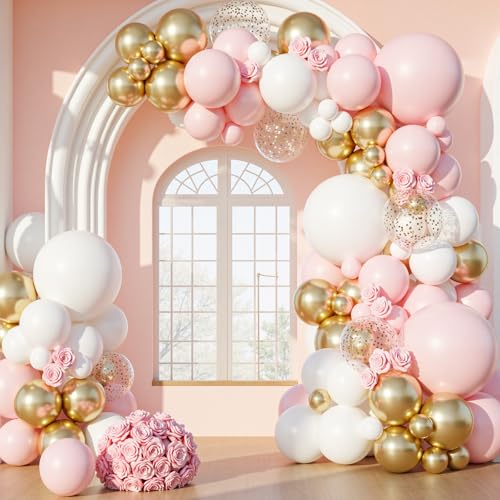 Image of PartyWoo Pink and White Balloon Arch Kit Garland 140pcs Different Sizes of 18 12 10 5 Inch Light Pastel Baby Pink Metallic Gold Confetti White Balloons for Baby Shower Birthday Party Decorations