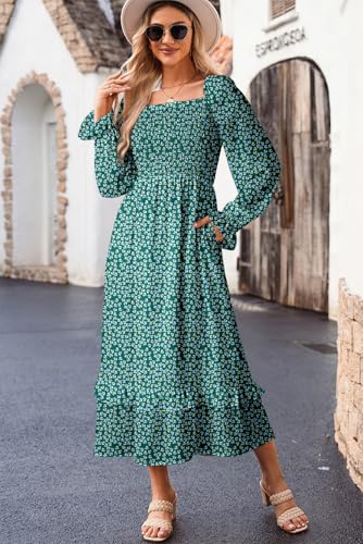 Image of Dokotoo Boho Dresses for Women 2025 Casual Floral Square Neck Long Sleeve Smocked Elastic Waist Tiered Ruffle Hem Maxi Dress