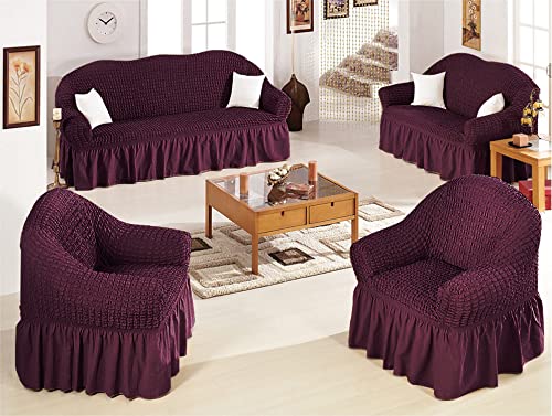 Image of House of Quirk Turkish Bubble Frill 280 GSM Sofa Slipcovers, Durable Washable Universal Double Seater High Elastic Furniture Protector (Wine, 145-185cm)