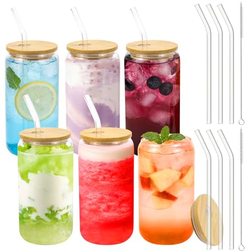 Mjuthy Lot de 6 Gobelets Verre avec Couvercle et Paille, 16oz Gobelet Paille pour Matcha, Tea, Cocktails, Café, Cocktails, Milkshake, Soda, Idéal pour...