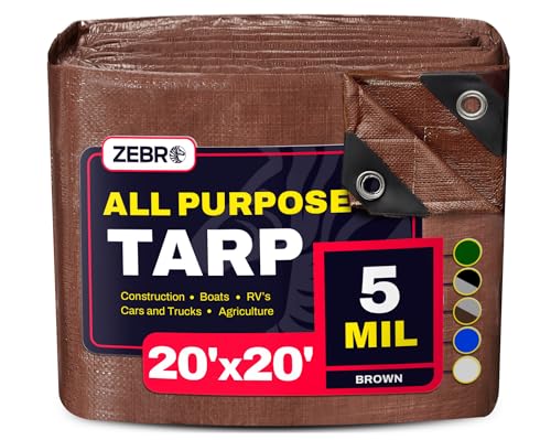 20' x 20' Brown Tarp with Grommets Reinforced - 5 Mil Thick - Durable UV Resistant Plastic Tarps Waterproof - Large Tarpaulin Cover for Outdoor Camping Over/Under Tent Tarp RV Roof Rain - Zebro