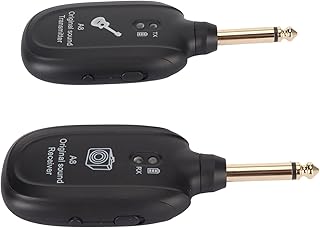 Okuyonic Guitar Transmitter Receiver, 4 Channels Ultra Short Delay 20Hz-20kHz UHF 730MHz Plug and Play 98.4ft Transmission Distance Guitar Wireless System for Violin