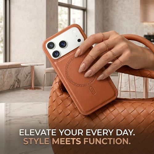 Image of amazon basics Premium PU Leather Case for iPhone 17 Pro, MagSafe Compatible Magnetic Ring, Sleek Protective Back Cover - [Tan]