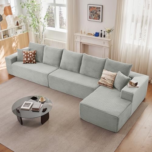 Image of 166.9 inch Cloud Sectional Couch with L-Shape Chaise, Upholstered Corduroy Couches Sleeper with Deep Seat, Modern Modular Comfy Sofa Chaise Longue for Living Room Bedroom, No Assembly Required, Grey