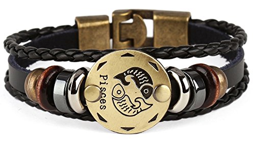 Hamoery Punk Alloy Leather Bracelet For Men Constellation Braided Rope Bracelet Bangle Wristband(Pisces) #TOP1