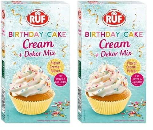 RUF Birthday Cake Cream, Cream-Pulver für eine lockere Torten-Creme in Geburtstags-Kuchen mit Vanille-Karamell-Geschmack & buntem Dekor-Mix, 1 x 110g (Packung mit 2)
