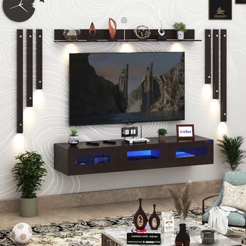 Image of Anikaa RayzaNote Engineered Wood Wall Mount TV Unit Acrylic Blue LED Storage Box, Side Wooden Accent Spot Light I Deal for Up to 50 Inch TV Wenge - DIY Installation