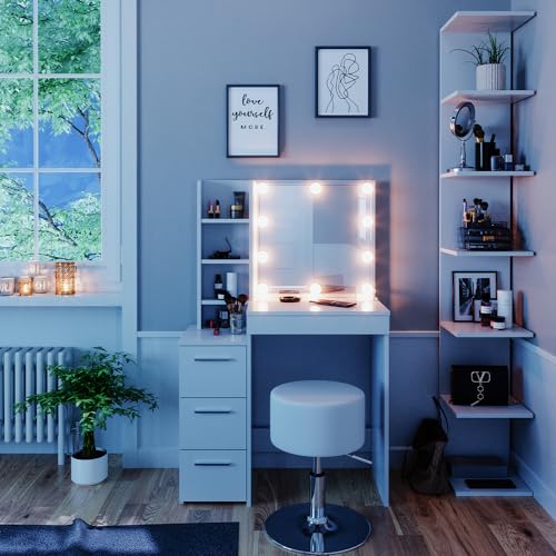 Vicco Schminktisch Meryl, Weiß, 80 cm mit LED Beleuchtung und Hocker