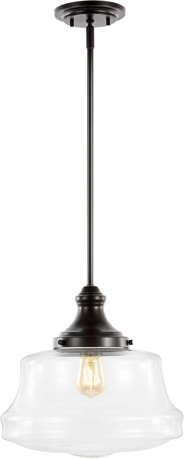 JONATHAN Y JYL7585A Schoolhouse 14" 1-Light Bohemian Farmhouse Iron/Glass LED Pendant Modern Contemporary Adjustable Dining Room Living Room Kitchen Island Foyer Bedroom, Oil Rubbed Bronze/Clear