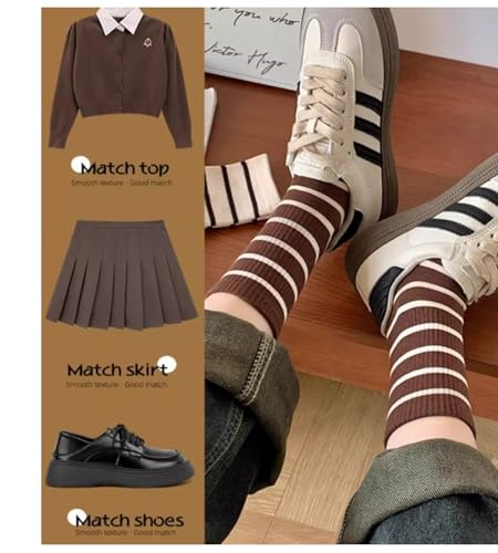 Image of Deeorla Womens Striped Crew Socks Brown Vintage Retro Athletic Socks 5 Pairs