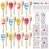 Package Includes: 12 pcs wooden unfinished maracas shakers, 12 pcs acrylic markers in 12 different colors for painting, 6 sheets of 6 different self adhesive rhinestone jewel stickers include round, square, heart shaped, star, flower shaped and so on...