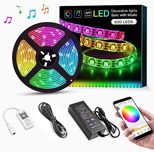 RGB LED Strip Lights, 16.4ft 12V Smart LED Strip, SMD 5050 300 LEDs Color Changing Tape Lights Kit with Bluetooth Controller for Room Lighting, Flexible Music LED Strip Lights for Home Decoration