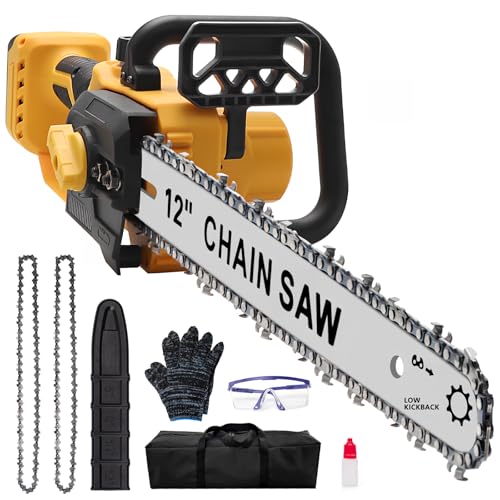 12 Inch Cordless Chainsaw Compatible With Dewalt 20V Batteries (Battery NOT Included) Cordless Chain saw with 2 Pcs Replacement Chain Battery Powered for Wood Cutting|Tree Trimming|Camping-Yellow