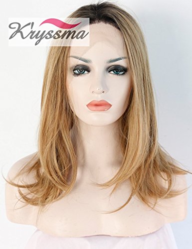 K'ryssma Highlights Blonde Ombre Dark Roots Synthetic Hair Lace Front Wig Natural Straight Shoulder Length full wigs for Women Heat Resistant Fiber Hair
