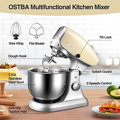 Die-Cast-Stand-Mixer-8-Speeds-600W-Food-Stand-Mixer-55Qt-Tilt-Head-Kitchen-Mixer-Dishwasher-Safe-Stainless-Steel-Mixing-Bowl-Dough-Hook-Egg-Whisk-Mixer-Beater-Splash-Guard-Almond-Cream